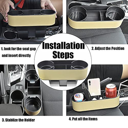 Car Cup Holder, Auto Front Seat Organizer, Multifunctional Cup Drink Holders with PU Leather Cover, Gap Filler Storage Box Coin Bucket Console Side Pocket Cell Mobile Phone Holder(Slim-Beige)