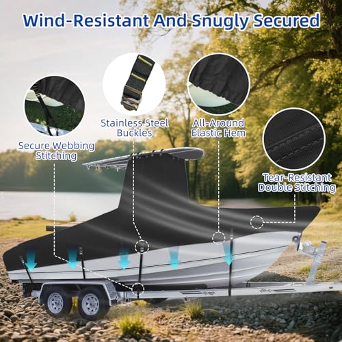 Marine Grade Waterproof Center Console Boat Cover with T Top Roof, Tear Resistant Trailerable Storage Covers, All-Weather Protection T-Top Boat Cover 22-24 ft, Beam Width Up to 108", Black - color: Black, size: 22'-24'Long (Beam width up to 108'')