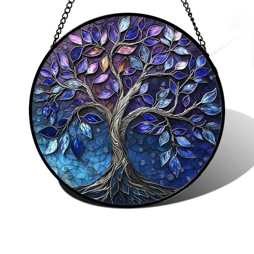 DASTOLL Stained Glass Window Hanging, Blue Purple Tree of Life Sun Catchers Colorful Glass Panel Plants Suncatcher Decor for Birthday for Women,Men,Wife, Lovers, and Mom 7.8 in - color: Blue Purple, size: 7.8x7.8 IN