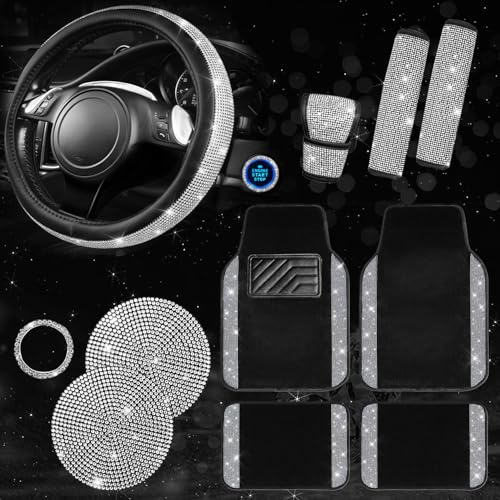 CAR PASS 11 PCS Bling Diamond Car Mats Set for Women Girls, Sparkly Rhinestone Steering Wheel Cover, Waterproof Floor Mats Universal Fit for SUV,Vans,Sedans,Trucks Anti-Slip, Interior Sets Silver - color: All Silver rhinestone, size: Floor Mats Sets