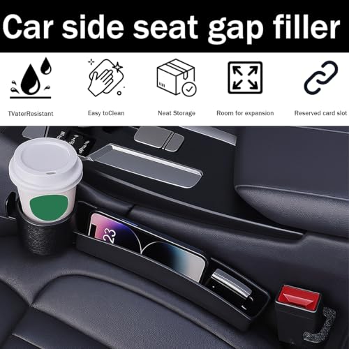 2PCS Car Seat Gap Filler, Multifunctional Vehicle Seat Side Gap Plug Blocker with Cup Holder & Storage Slot, No Drop Automotive Console Crevice Stopper, Universal for Truck SUV Van (Black) - color: Black
