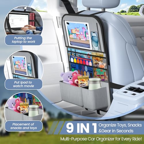 2PACK-Car Backseat Organizer with Touch Screen Tablet Holder,9 Storage Pockets Storage Organizer with Foldable Food Tray, Protector Kick Mats for Kids, Travel Accessories Organizer (Grey) - style: 2 Pack with Food Tray-Grey