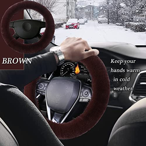 WenMei 1 Set 4 Pcs Fluffy Steering Wheel Cover&Handbrake Cover&Gear Shift Cover&Fluffy Auto Center Console Cover Faux Wool Steering Wheel Covers for Women Universal Car Interior Accessories (Brown) - color: Brown