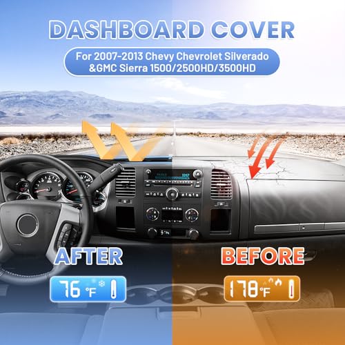 Upgraded Black Dash Cover for 2007-2013 Chevy Silverado Accessories,Custom Fit Silverado Dashboard Cover Mat Anti-Glare UV Protector Non-Slip for Silverado WT/LS/LT - size: 07-13 Silverado Dash Cover(Black)