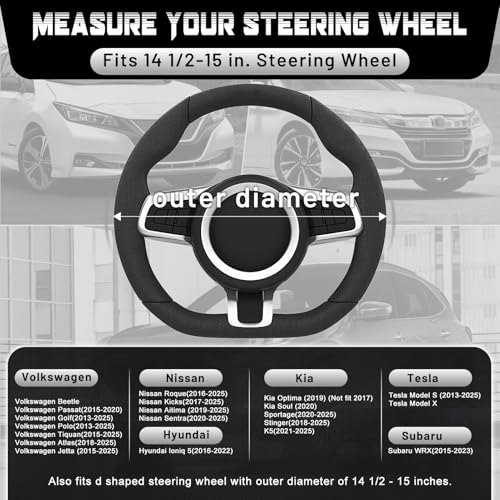 SEG Direct Flat Bottom Steering Wheel Cover Breathable, D Shaped Car Wheel Cover 14 1/2-15 in. (37-39 cm), Black Beige Microfiber Leather - color: 7. Beige, size: Standard size[14 1/2''-15'']