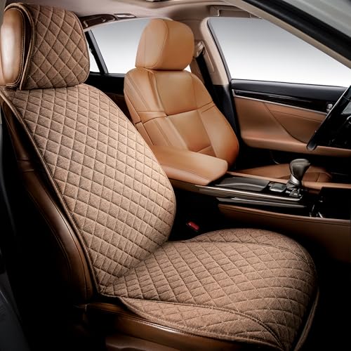 IVICY Faux Linen Front Car Seat Cover – Non-Slip Bucket Seat Protector for Most Cars, SUVs, Vans & Trucks – 1 Seat Cover, Machine Washable, Side-Airbag Friendly, Light Brown - color: BROWN HYB LN