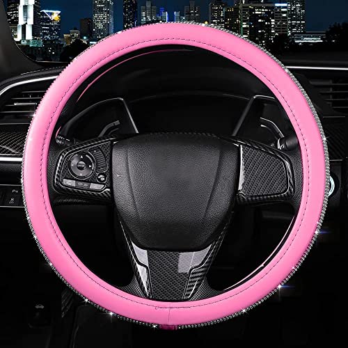 Bling Diamond Leather Steering Wheel Cover for Women Girls with Crystal Rhinestones, Universal Fit 14.5-15 Inch Car Steering Wheel Cover Accessories - color: Hot Pink