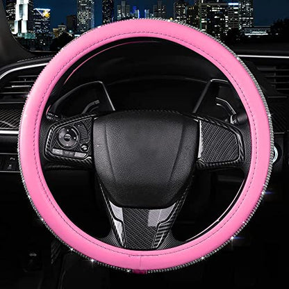 Bling Diamond Leather Steering Wheel Cover for Women Girls with Crystal Rhinestones, Universal Fit 14.5-15 Inch Car Steering Wheel Cover Accessories - color: Hot Pink