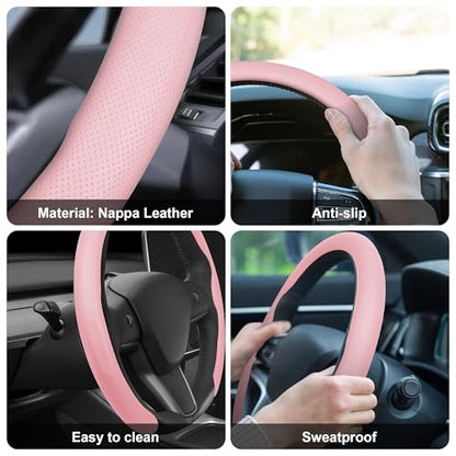 Nappa Leather Steering Wheel Cover,Universal Fit 15 Inch-Premium Non-Slip Breathable Comfort Grip for Cars Trucks SUVs,Anti-Slip Durable Interior Upgrade Light Pink - color: Light Pink