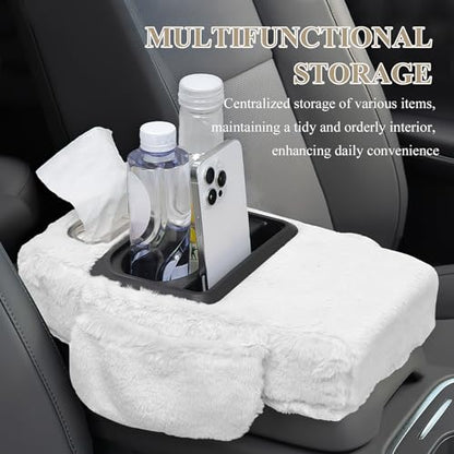 wuyaoyao Car Center Console Armrest Pillow, 13.78"×7.87"×2.76" Soft Plush Arm Rest Cover for Cars, 5-in-1 Warm Fluffy Auto Armrest Cushion Pad w/Pocket, Tissue Box, Cup Holder (White) - color: White