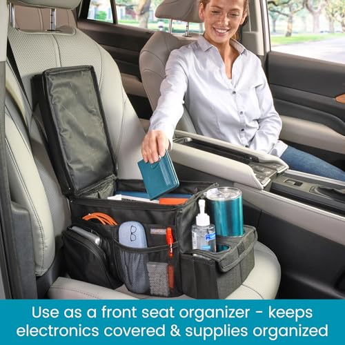 High Road CarHop Car Caddy Organizer with Road Trip Cooler, Car Cup Holder Bin, Sturdy Snack and Play Lid and 6 Organization and Storage Pockets, Black - color: Black