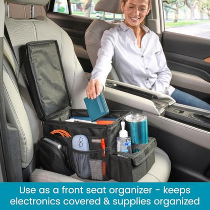 High Road CarHop Car Caddy Organizer with Road Trip Cooler, Car Cup Holder Bin, Sturdy Snack and Play Lid and 6 Organization and Storage Pockets, Black - color: Black