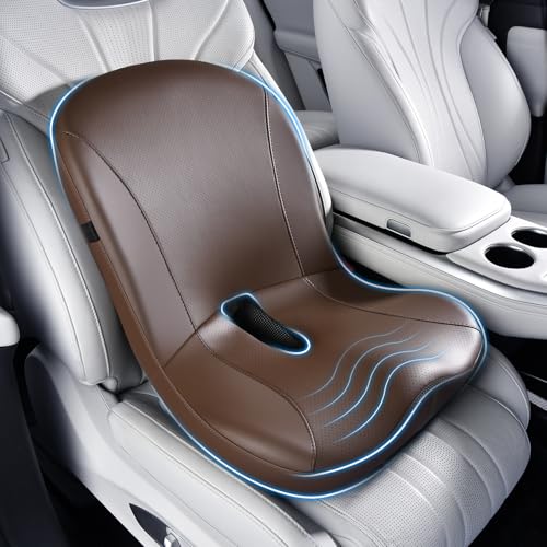 Coverado Car Seat Cushion and Lumbar Support Pillow One Piece, Napa Leather Memory Foam Ergonomic Back Support Driving Seat Cushion for Back Pain, Non-Slip Washable Cushion for Car, Driver, Office - color: Coffee, size: Seat Cushion