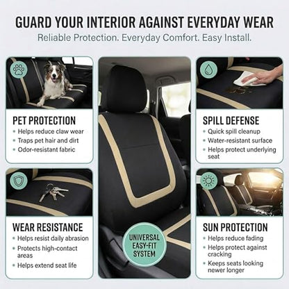 FH Group Car Seat Covers Unique Flat Cloth Full Set Automotive Seat Covers Front Set and Rear Solid Bench Beige Black Seat Covers w. Gift Universal Fit Interior Accessories for Cars Trucks and SUVs - color: Beige