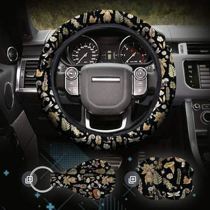 Woodland Fern Moth Dragonfly Mushroom Amanita Steering Wheel Cover, Car Cup Coasters & Quarter Keyring, Car Accessories Universal Fit 14.5-15 inch Wheel Auto SUV Sedan Vans Trucks - color: Dragonfly Mushroom