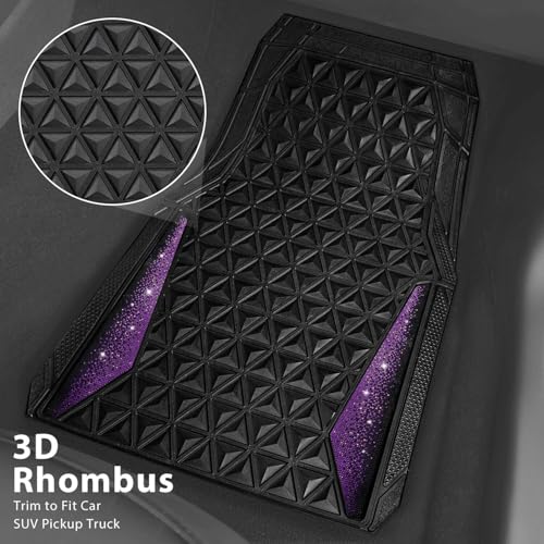CAR PASS Bling Rubber Car Mats Diamond Floor Mats Full Set Anti-Slip 3D Rhombus Waterproof Universal Trim to Fit Liner Glitter Crystal Sparkly Shining Rhinestone Girl Women SUV Sedan Van, Black Purple - color: Purple Diamond