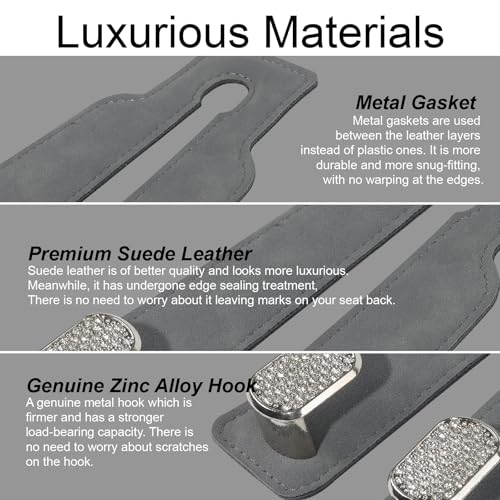 Purse and Bag Hook for Car, Zinc Alloy Seat Headrest Hooks, Upgraded Leather Cute Car Seat Back Purses Hanger and Bags Holder (Grey Diamond, 2Pack) - color: Grey Diamond