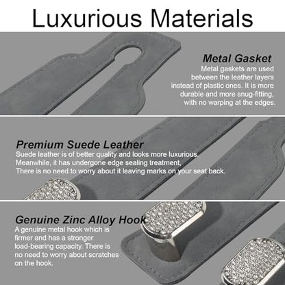 Purse and Bag Hook for Car, Zinc Alloy Seat Headrest Hooks, Upgraded Leather Cute Car Seat Back Purses Hanger and Bags Holder (Grey Diamond, 2Pack) - color: Grey Diamond