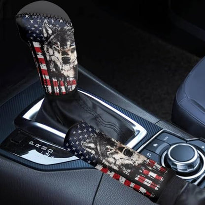 Wolf American Flag Printed 2 Pcs Car Handbrake Cover and Gear Shift Protector Sets for Women and Men, Soft Stretchy Car Handbrake Protector and Gear Shift Knob Cover, Universal Fits - color: Black and Red - Wolf American Flag