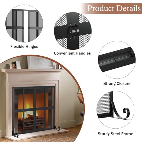 Fireplace Screen with Sliding Doors, 37.8" W x 30.7" H Handcrafted Wrought Iron Fire Spark Guard Fire Place Gate Protector for Living Room, Children and Pet Safety(Large)
