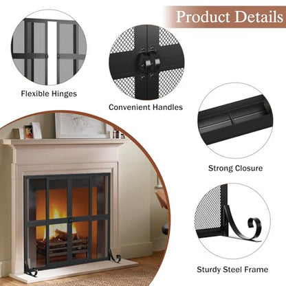 Fireplace Screen with Sliding Doors, 37.8" W x 30.7" H Handcrafted Wrought Iron Fire Spark Guard Fire Place Gate Protector for Living Room, Children and Pet Safety(Large)
