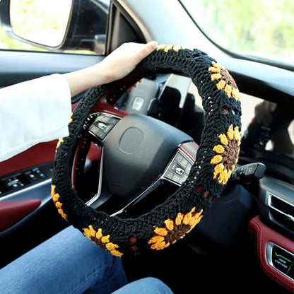 Crochet Steering Wheel Cover Set,Cute Steering Wheel Cover Boho 14-15 in,Handmade Black Sunflower Granny Square Pattern Car Decor for Women,Hippie Car Accessories (A Wheel Cover)