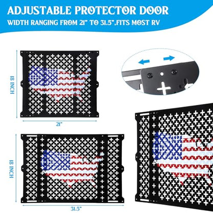 Gisafai 18 Inch High Adjustable RV Door Screen Protector Adjusts from 21''- 31.5'' Aluminum RV Entry Screen Door Grille Alloy Screen Door Grill Screen Defender for RV Door, Black - size: 18 Inch High, style: Flag