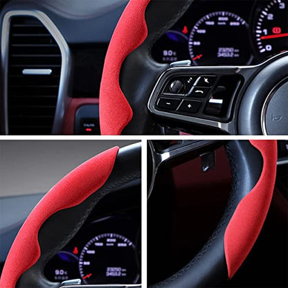 Car Steering Wheel Cover, Microfiber Suede Leather and Carbon Fiber Double Sided Design, Warm in Winter and Cool in Summer, Breathable Non Slip Segmented Protector for Most Cars (Turn Fur/Red) - color: Turn Fur/Red