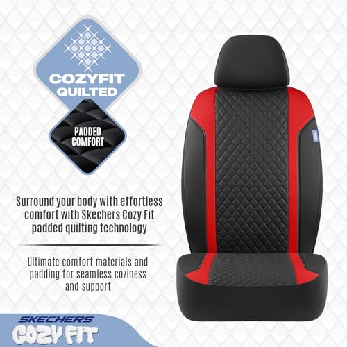 Skechers Seat Covers Contour Foam Cozy Fit,Leather Car Seat Covers, Car Seat Covers Front Seats Airbag Compatible, Universal Automotive Comfort for Most Cars, Vans, Trucks, SUV,Red
