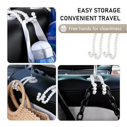 2PCS Car Pearl Seat Headrest Hooks, Elegant Exquisite Purse Hook for Car, High Load-Bearing Seat Hook Hanger Storage Organizer, Interior Accessories for Bags, Umbrellas (White)