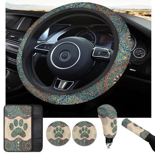 Dog Claw Car Steering Wheel Covers Set Bohemian Print Car Interior Accessories Cup Holder,Handbrake Gear Cover for Vans Truck SUV - color: Dog Claw
