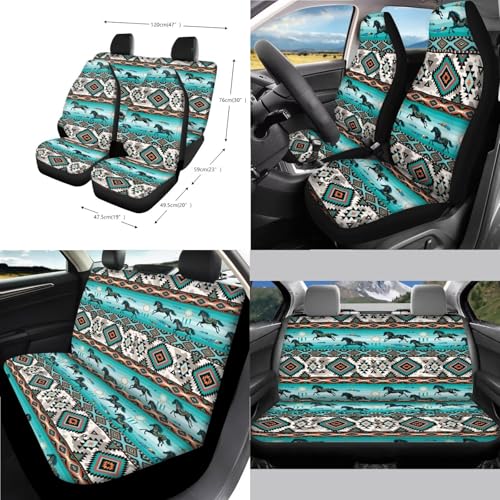 Wanyint 14 PCS Car Seat Cover Set, with Steering Wheel Seat Belt Covers Waste Bin Center Console Pad Rear View Mirror Handbrake Set Coasters Auto Accessories Decor, Aztec Navajo Horse Turquoise - color: Aztec Navajo Horse Turquoise
