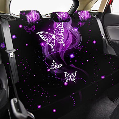 15 Pcs Butterfly Car Seat Covers Full Set Butterfly Front Rear Seat Covers Steering Wheel Cover Wrist Strap Coasters Armrest Shoulder Pads (Purple Glitter Butterfly Style)