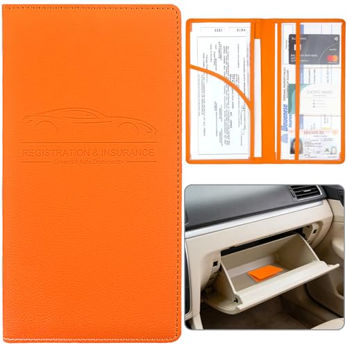 Car Registration and Insurance Holder, Premium Pu Leather Vehicle Glove Box Organizer - for Driver License, Cards & Essential Documents (L-Orange) - color: 02-Orange, size: Large