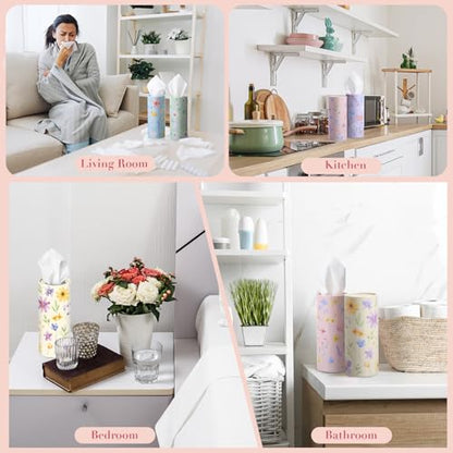 Outus 12 Pcs Floral Car Tissue Holder Cylinders with 3 Ply Facial Tissue Bulk, Portable Paper Dispenser for Cup Holder, Travel Bathroom Table Decor, Tissues Boxes Container for Home Office Party - style: Floral
