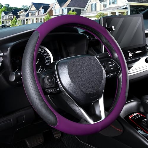 SEG Direct Steering Wheel Cover for 14.5-15 inch Wheels, Breathable PU Leather with Perforated Sides, Anti-Slip Grip, Universal Fit for Cars & SUVs, Black and Dawn Purple - color: Black & Dawn Purple, size: O-shaped