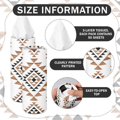 Arttown Car Tissue Holder for Cup Holder,Facial Tissues Bulk 3-Ply,Refillable Western Aztec Vintage Cylinder Tissue Boxes,Fit Car Home Office School,12 Pack (600 Sheets Total,50 Sheets Each)