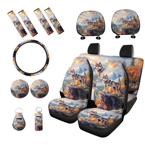 Wolf Printed 15 Pcs Car Interior Covers Set, Protective Car Seat Cover Set Front Rear Seat Covers Steering Wheel Cover Car Headrest Cover Seat Belt Covers Car Coaster - color: Brown-Wolf