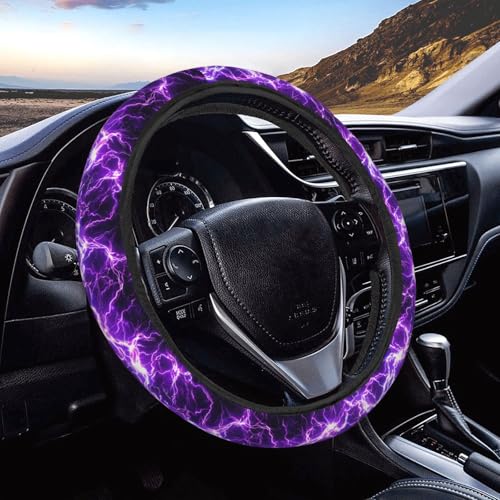 Black and Purple Lightning Cool Steering Wheel Cover for Women Men, Non-Slip Steering Wheel Protector Car Wheel Covers, Universal 15 Inch Fit for Auto, Suvs, Truck - color: Black And Purple Lightning Cool