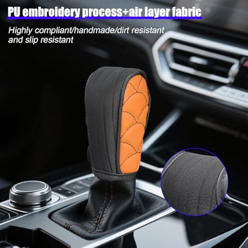 BESULEN Car Gear Shift Knob Cover, Leather Anti-Slip Breathable Automatic Gear Shifter Stick Protector, Auto Stick Shifting Handle Decoration Accessories, Universal for Truck SUV Sedan (Orange)