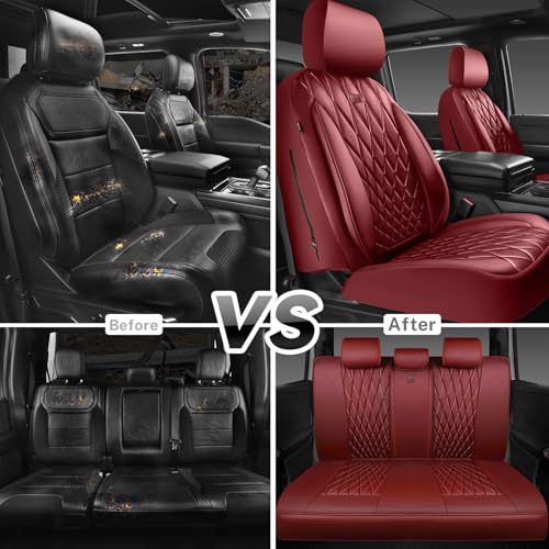 CAR PASS Piping Luxury Faux Leather Seat Covers Full Set, Premium Delux Anti-Slip Waterproof Automotive Seat Cover Universal Fit for Sedans Suvs Vans Trucks, Armrest & Airbag Compatible, Burgundy Red - color: Pure Burgundy Red, size: Full Set