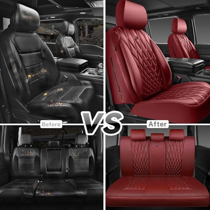 CAR PASS Piping Luxury Faux Leather Seat Covers Full Set, Premium Delux Anti-Slip Waterproof Automotive Seat Cover Universal Fit for Sedans Suvs Vans Trucks, Armrest & Airbag Compatible, Burgundy Red - color: Pure Burgundy Red, size: Full Set