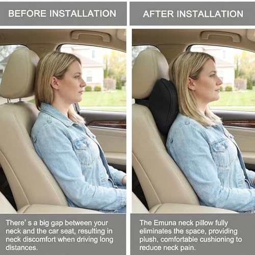 EMuna 2-Pack 100% Memory Foam Car Neck Pillow, Ergonomic Headrest Support with Adjustable Strap, Breathable Removable Washable Cover, 4.7 Inch Thick for Long Drives & Road Trip