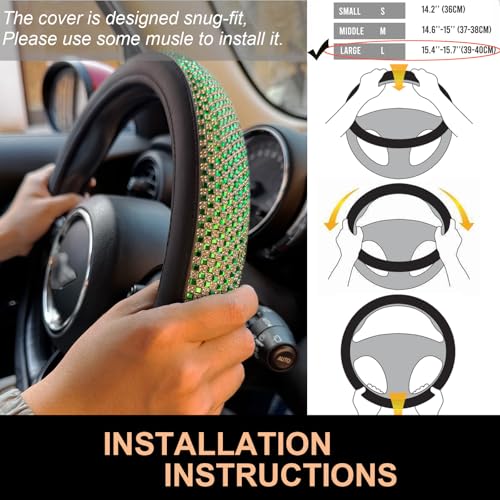 Large Size Bling Comfy Steering Wheel Cover with Jumbo Crystal Rhinestones, Anti-Slip Diamond Leather, 15.5-15.75 Inch (Vivid Green) - color: 910.Vivid Green, size: Large Size[15 1/2''-15 3/4'']