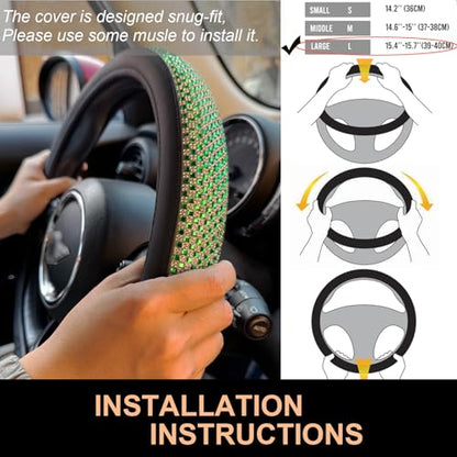 Large Size Bling Comfy Steering Wheel Cover with Jumbo Crystal Rhinestones, Anti-Slip Diamond Leather, 15.5-15.75 Inch (Vivid Green) - color: 910.Vivid Green, size: Large Size[15 1/2''-15 3/4'']