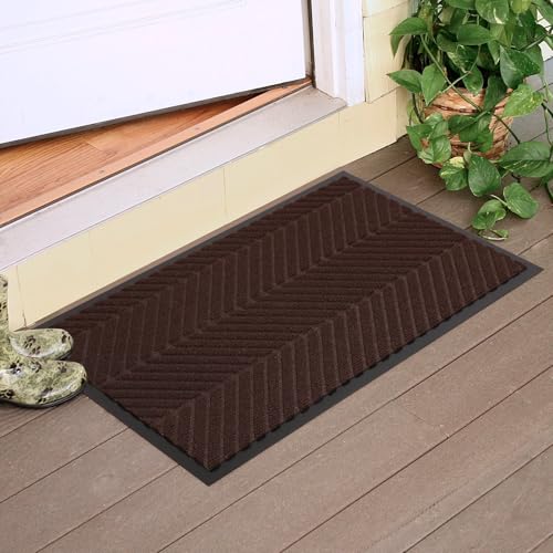 16" x 32" Dark Brown Front Door Mat Indoor Outdoor, Low Profile Welcome Doormat for Entrance, Waterproof All-Weather Entry Mat for High Traffic Area - color: Dark Brown, size: 1'4" x 2'8" (Rectangular)