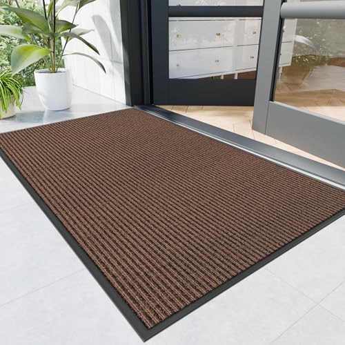 Front Door Mat, 6' x 2' Heavy Duty Indoor Outdoor Door Mat Entrance, Commercial Welcome Mats, Stain and Fade Resistant, Durable Rubber Backing, Low Profile Entry Mat for Patio, Brown Stripe - color: Brown-stripe, size: 2' x 6' (Rectangular)