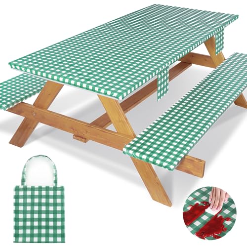 3 Piece 96x30 Inch Fitted Elastic Heavy Duty Picnic Table Cover with Bench Covers RV Accessories for Outside Inside Summer Fall Party Decor Unique Gifts for Coworkers Friend Teacher Sister - color: Green White Plaid, size: 96*30Inch