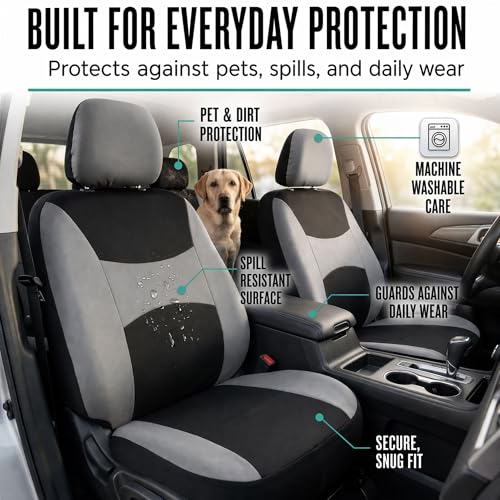 FH Group Universal Fit Gray Black Automotive Seat Covers Combo Set with Steering Wheel Cover and Seat Belt Pad fits Most Cars, SUVs, and Trucks (Airbag Compatible and Split Bench) - color: Gray/Black