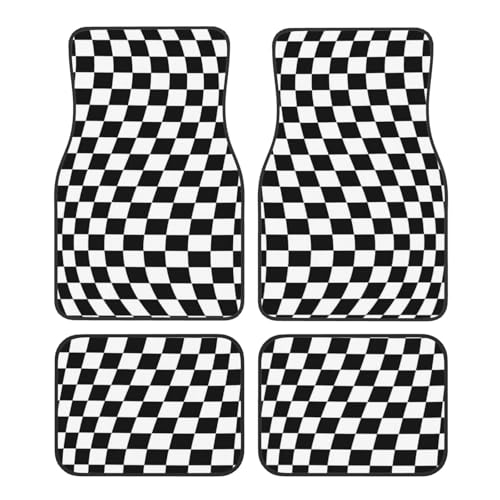 Generic Car Foot Mat Black and White Checkered Distortion Non-Slip Carpet Mats for Cars & Trucks,Decorative Front & Rear Vehicle Foot Rugs,4-Piece Car Floor Mat Set